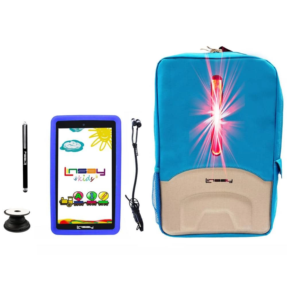 7 in. 2GB RAM 32GB Storage Android 12 Tablet with Blue Kids Defender Case, LED Backpack, Earphones, Holder and Pen by LINSAY 3 7 in. 2GB RAM 32GB Storage Android 12 Tablet with Blue Kids Defender Case, LED Backpack, Earphones, Holder and Pen by LINSAY