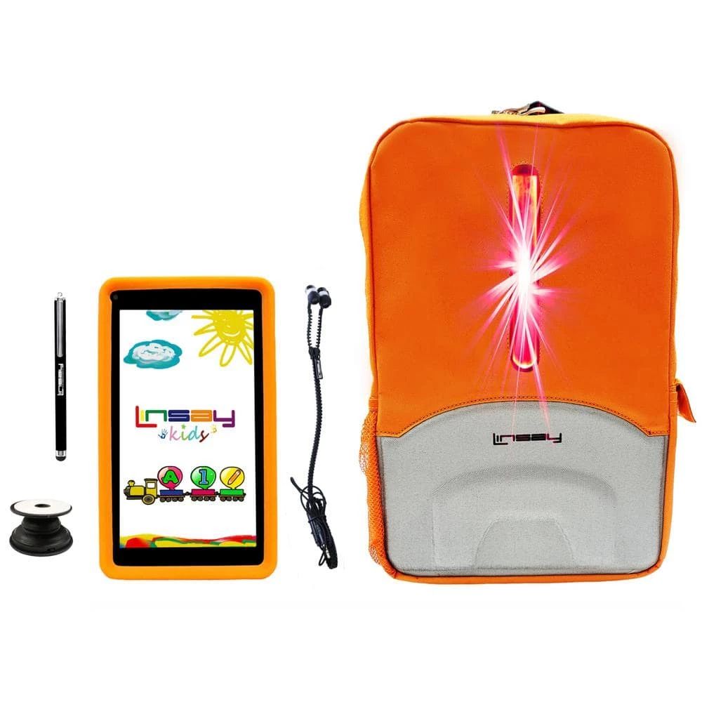 7 in. 2GB RAM 32GB Storage Android 12 Tablet with Orange Kids Defender Case, LED Backpack, Earphones, Holder and Pen by LINSAY 3 7 in. 2GB RAM 32GB Storage Android 12 Tablet with Orange Kids Defender Case, LED Backpack, Earphones, Holder and Pen by LINSAY