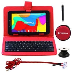 7 in. 2GB RAM 32GB Storage Android 12 Tablet with Red Leather Keyboard, Earphones, Holder and Pen by LINSAY